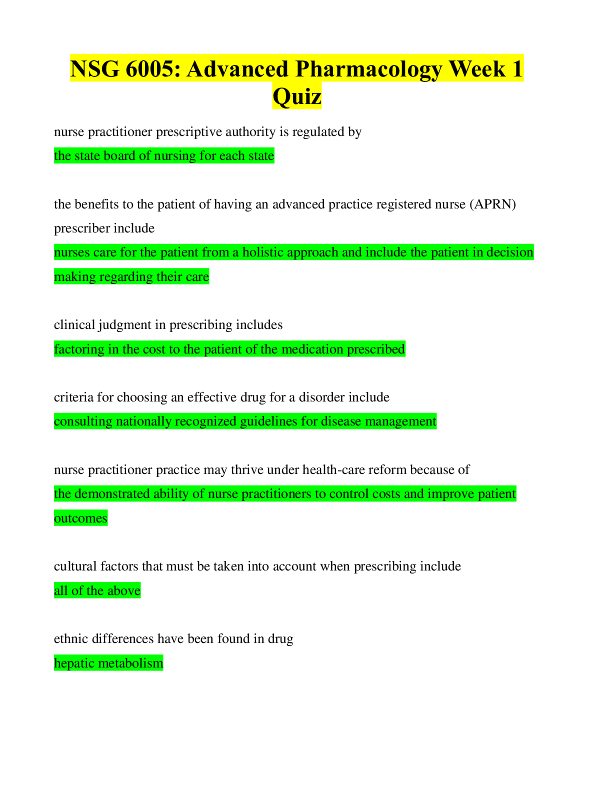 Preview image for NSG 6005: Advanced Pharmacology Week 1 Quiz 2021/2022